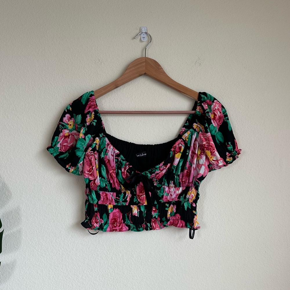 For Love & Lemons Floral Smocked Puff Sleeve Sweetheart Top